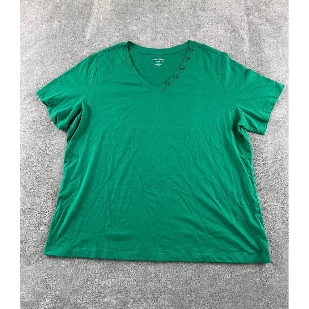 Coral Bay Woman Green V-Neck Button Detail Cotton T-Shirt Plus Size 1X